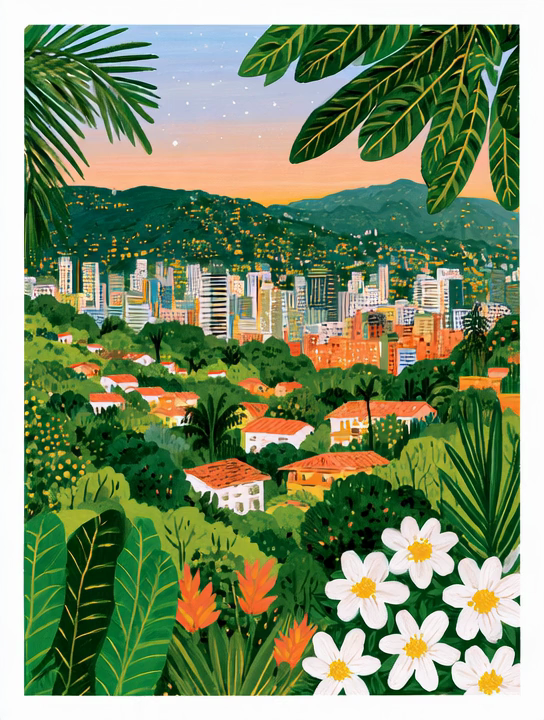 Illustrated Medellín skyline surrounded by green hills, tropical leaves, and white flowers.